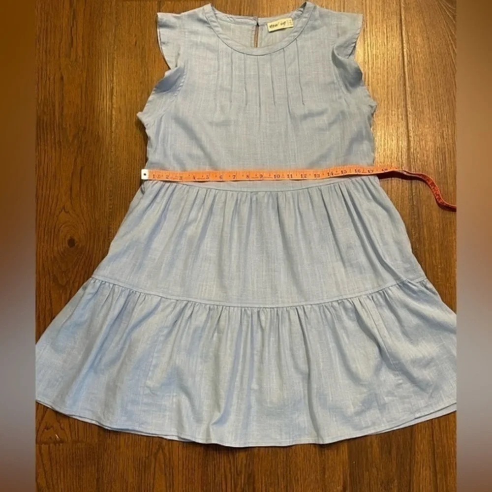 New In Light Blue Tiered Flutter Sleeve Mini Dress Small Pleated Neckline Pocket